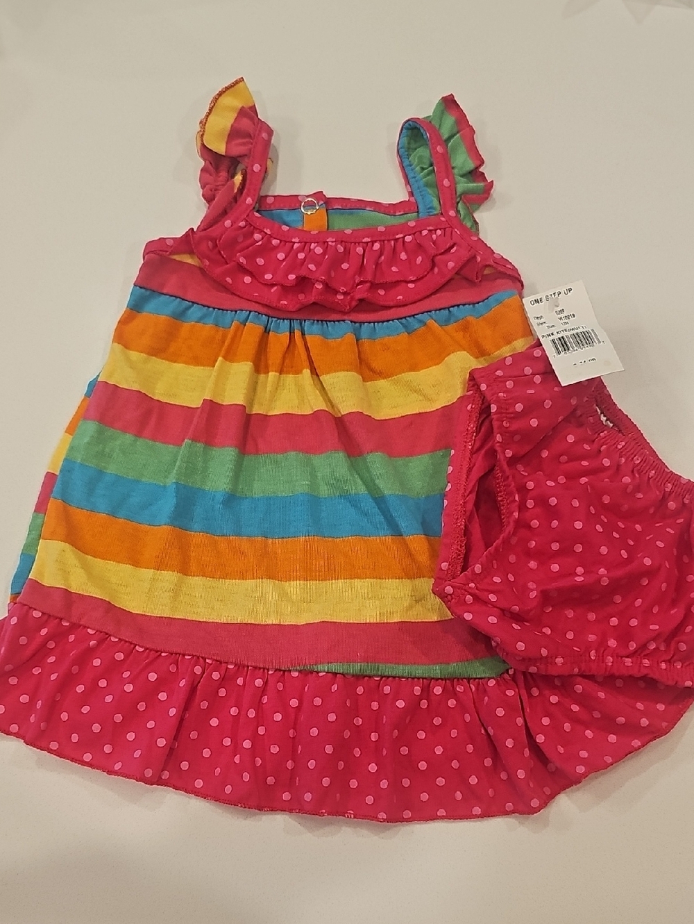 Buster Brown Girls Rainbow Stripe Dress with Pink Polka Dot Trim